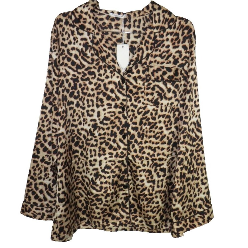 Ekouaer Women's Satin Leopard Print Button Up Long Sleeve Pajama Top Size M